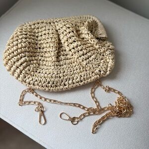 Woven Straw Clutch with Gold Chain Strap - Cream
